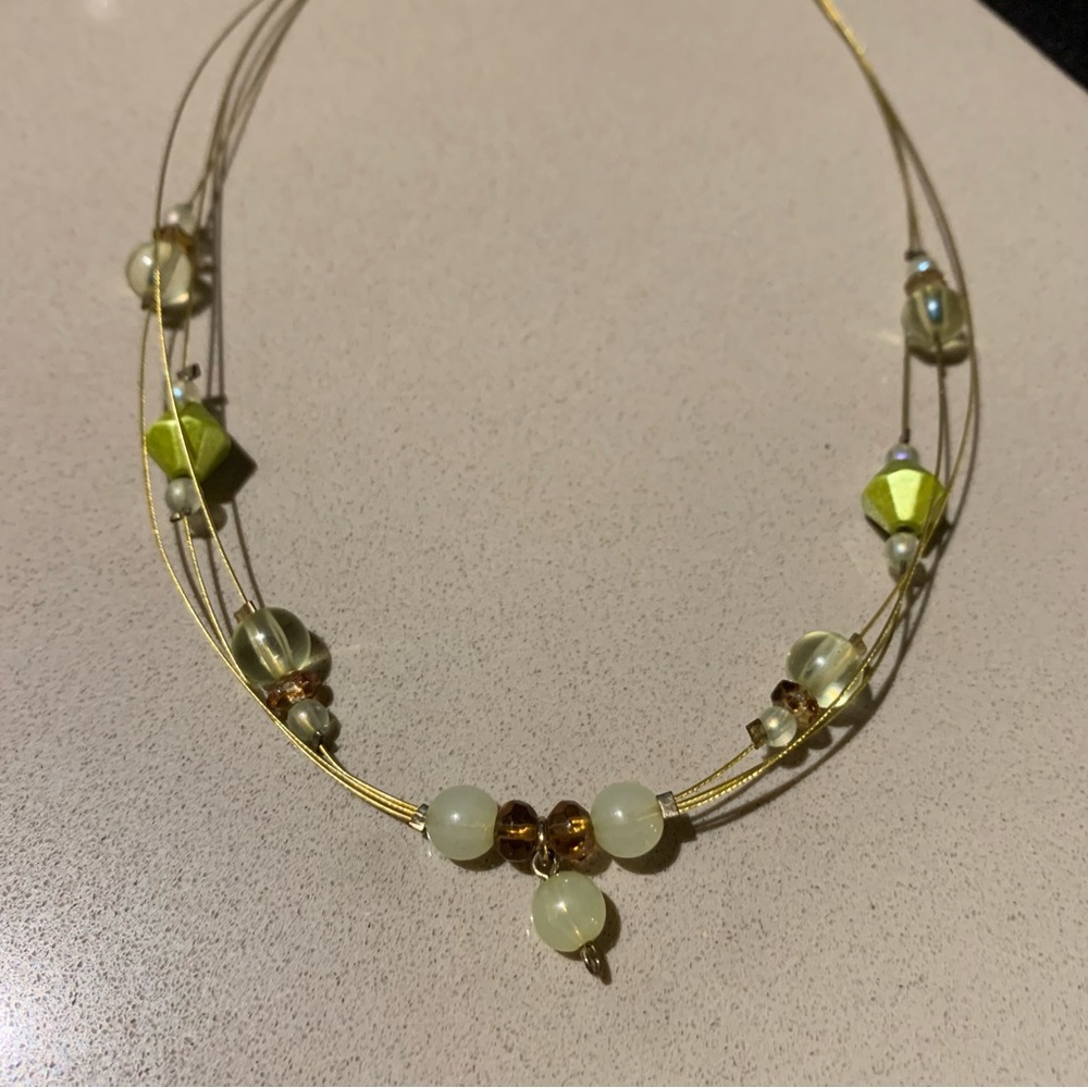 Multi Strand Beaded Necklace Gold, Green, Brown, Iridescent Beads